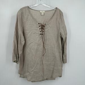St Tropez West Womens Pullover Linen Top Size M Oatmeal Lace Up Neck Boho Hippie